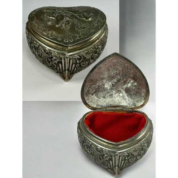 Unbranded Other - Vintage Heart Lidded Trinket Box Footed Silver Tone Cherub Floral Motifs Japan